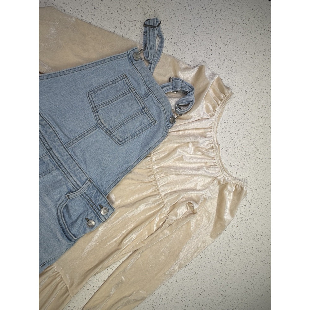 2pc Bundle Cat & Jack Overalls & Wonder Nation Girls Shiny Cream Dress L (10/12)
